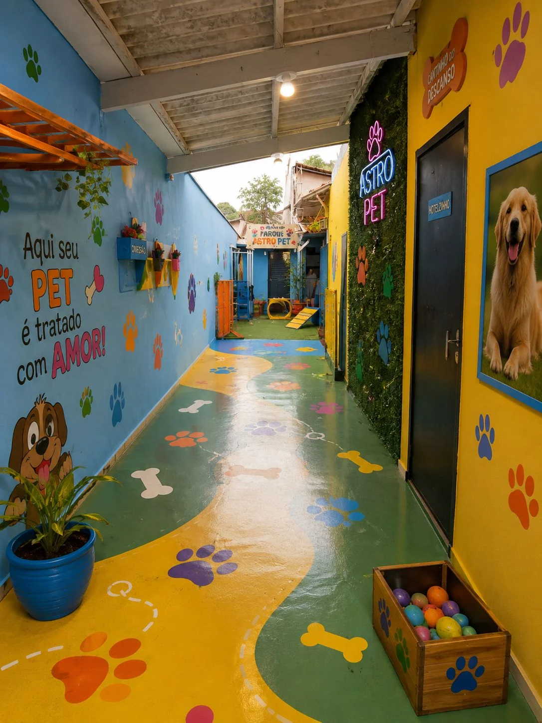 Corredor colorido da AstroPet, com patinhas no chão e parque ao fundo