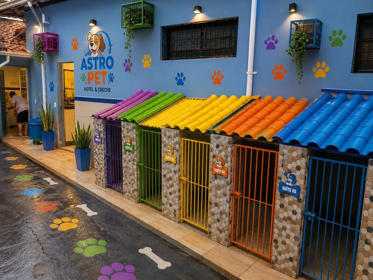Suítes do hotel pet com telhados coloridos